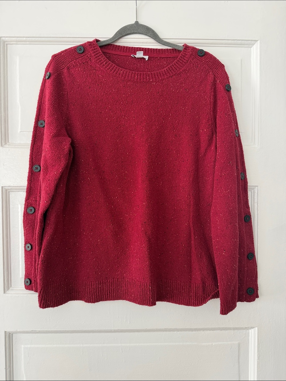 Red Button-Accent Crewneck Sweater